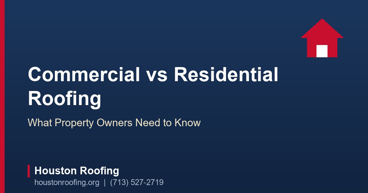 Flat commercial TPO membrane roof beside pitched residential shingle roofs in Houston
