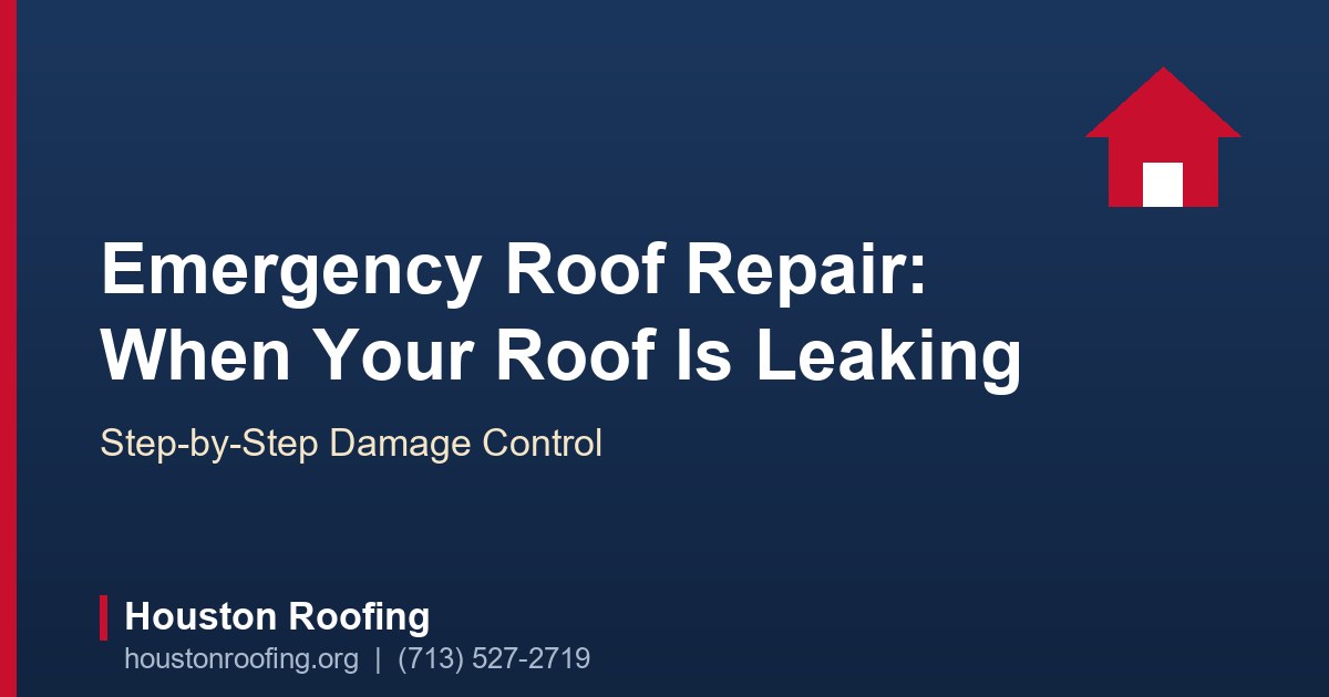 Rain pouring off a Houston home's roof during a storm, with an active leak requiring emergency roof repair